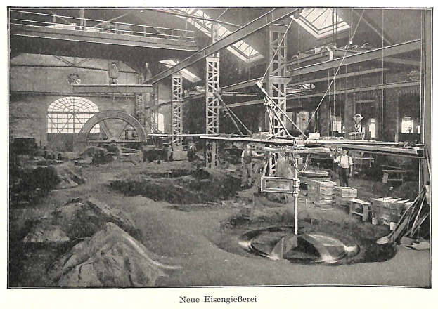 Schwarzes und weißes Foto einer Fabrikhalle mit Arbeitern, die an Maschinen arbeiten, umgeben von Metallstangen, Polen und anderen Gegenständen, beschriftet mit "Neue Eisenglebeerei, die erste Fabrik in Deutschland" unten.