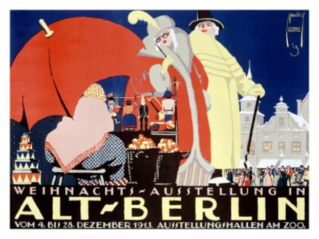 Plakat für eine Weihnachtsausstellung in Alt-Berlin, das eine farbenfrohe Illustration von Menschen, Gebäuden und Gegenständen mit der Überschrift "Weihnachtsausstellung in Alt-Berlin" oben zeigt.