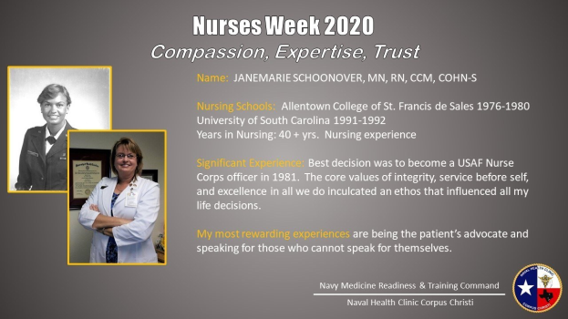 Plakat zur Nurses Week 2020 mit zwei Nurse-Fotos links und dem Text "Mitgefühl, Expertise, Vertrauen" rechts, mit einem Logo unten rechts.