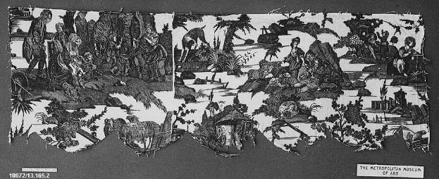 Schwarz-weiß-Zeichnung einer Gruppe von Menschen in einem Wald mit Bäumen und Pflanzen im Hintergrund, darunter ein Text, der "The Metropolitan Museum of Art" lautet.