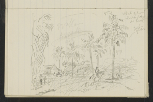 Ein offenes Skizzenbuch zeigt eine Zeichnung einer Gruppe von Menschen, die in einem üppigen, grünen Dschungel mit hohen Bäumen, einem tiefblauen Himmel mit verstreuten weißen Wolken und einer strahlenden Sonne stehen.