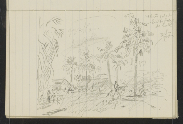 Ein offenes Skizzenbuch zeigt eine Zeichnung einer Gruppe von Menschen, die in einem üppigen, grünen Dschungel mit hohen Bäumen, einem tiefblauen Himmel mit verstreuten weißen Wolken und einer strahlenden Sonne stehen.