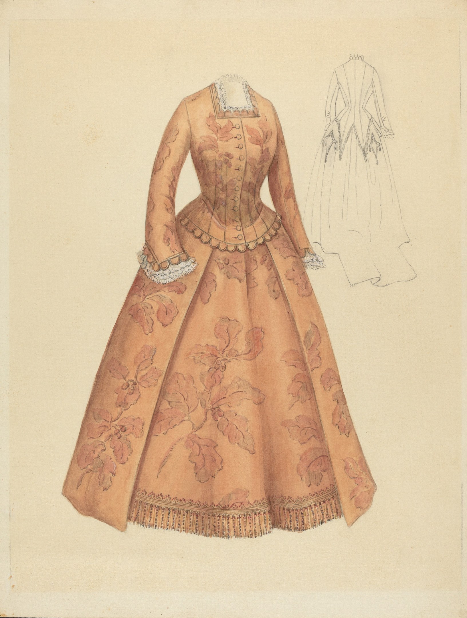 Eine Zeichnung eines Kostümdesigns aus dem 18. Jahrhundert mit einem langen Kleid mit floralem Muster, hohem Kragen, pink- und lilafarbenem Oberteil, blauer Rock und Spitzenbesatz vor einem hellblauen Hintergrund.