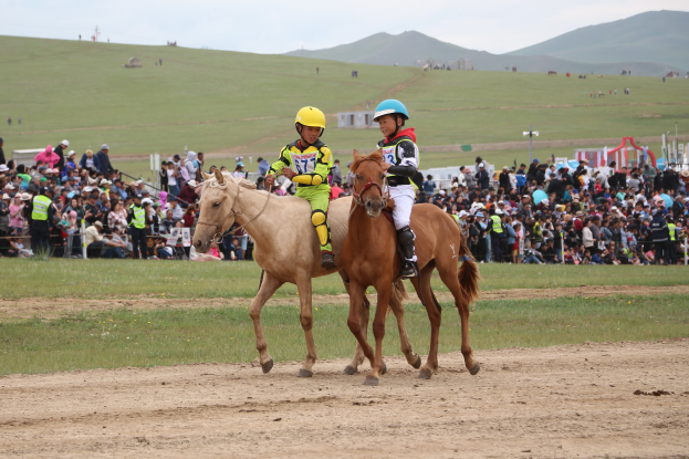 Zwei Personen mit Helmen reiten auf einem Feld, während eine große Menschenmenge im Hintergrund zusieht, grasbewachsenes Gelände, entfernte Hügel und ein klarer blauer Himmel.
