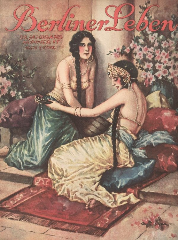 Plakat von zwei Frauen auf einem Bett umgeben von Kissen und Pflanzen mit Blumen, betitelt "Berliner Leben Magazin-Cover aus Oktober 1931".