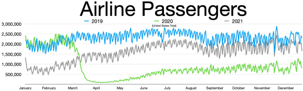Eine Liniengrafik, die die Anzahl der Fluggesellschaften in den Vereinigten Staaten von 2019 bis 2021 zeigt, mit begleitendem erklärendem Text.