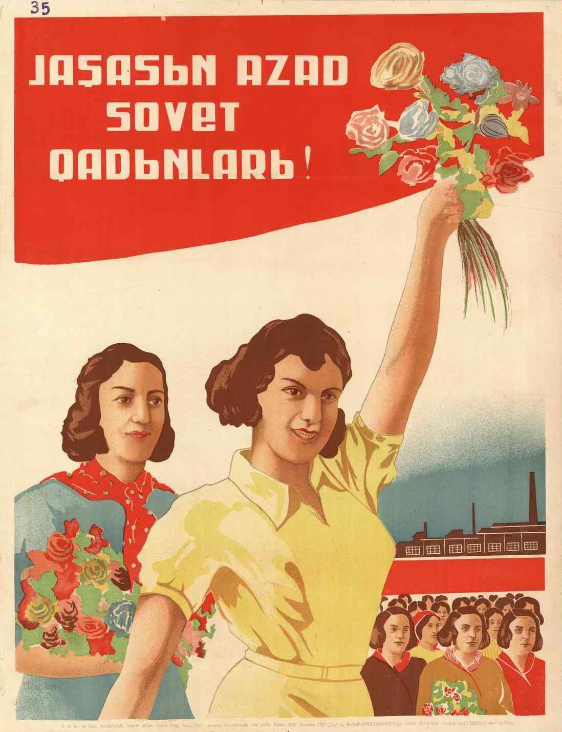 Sowjetisches Propagandaplakat zum Internationalen Frauentag mit einer Frau, die Blumen hält, umgeben von Menschen und einem Gebäude, mit der Aufschrift "Frauentag."