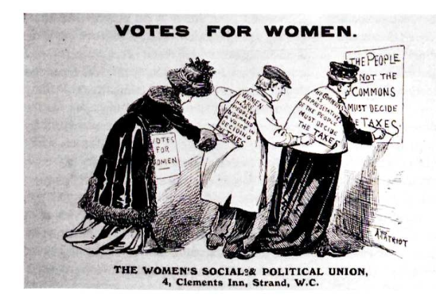 Cartoon von drei Frauen in traditioneller Kleidung, die ein Papier mit der Aufschrift 'Wahlrecht für Frauen: Die Women's Social & Political Union' halten.