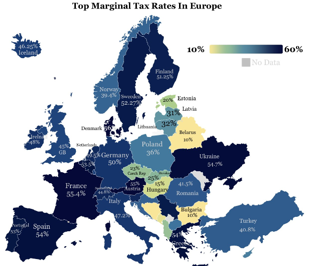 Eine Europakarte mit Farben, die die Spitzensätze der Einkommensteuer pro Land anzeigen, mit der Überschrift "Spitzensätze der Einkommensteuer in Europa."