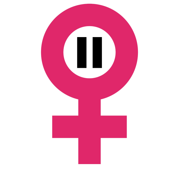 Ein pinkfarbenes weibliches Geschlechterzeichen auf einem weißen Hintergrund.