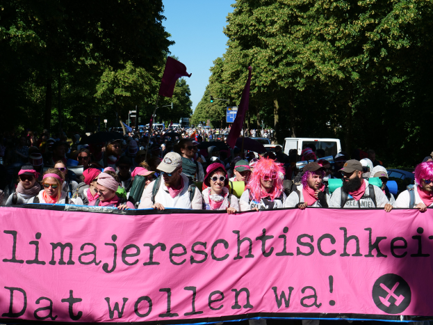 Eine Gruppe von Menschen marschiert mit einem pinken Banner, auf dem "Women's March in Berlin" steht, durch die Straßen. Einige tragen Mützen und Schutzbrillen, andere halten Fahnen, während im Hintergrund Bäume, Fahrzeuge und der Himmel zu sehen sind.