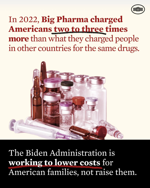 Plakat, das zeigt, dass Big Pharma 2022 Amerikaner zwei bis drei Mal so viel für die gleichen Medikamente berechnet hat wie in anderen Ländern, mit Bildern von Medikamentenflaschen und einer Spritze.
