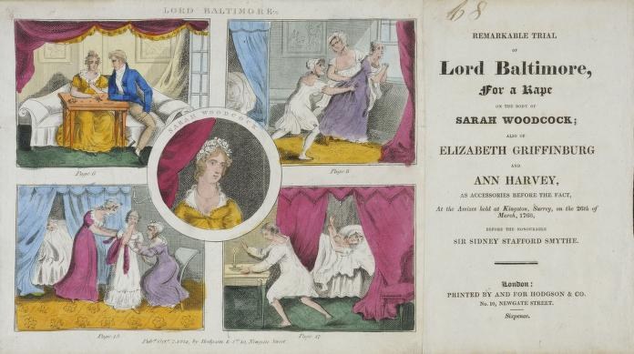 Eine historische Illustration, die eine Gerichtsszene mit Porträts, Vorhängen und Rechtsdokumenten zeigt, die mit einem Vergewaltigungsfall im Zusammenhang mit Sarah Woodcock und Elizabeth Griffinburg zu tun haben.