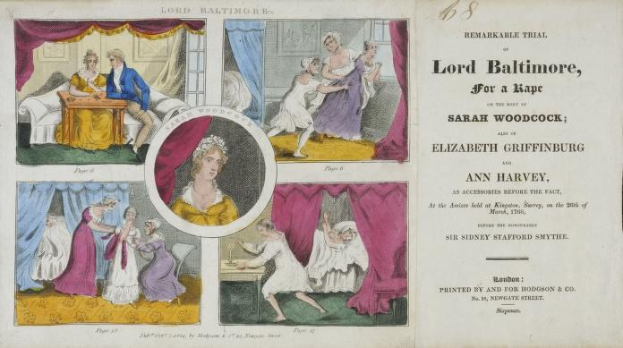 Eine historische Illustration, die eine Gerichtsszene mit Porträts, Vorhängen und Rechtsdokumenten zeigt, die mit einem Vergewaltigungsfall im Zusammenhang mit Sarah Woodcock und Elizabeth Griffinburg zu tun haben.