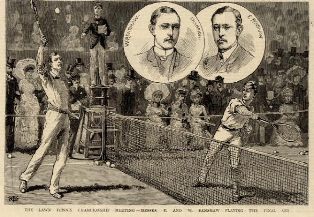 Schwarze und weiße Zeichnung von zwei Männern, die auf einem Platz mit einem Netz Tennis spielen, während eine Gruppe von Menschen im Hintergrund zuschaut; Text unten lautet "The Lawn Tennis Championship Meeting - Messers, E und W Renshaw spielen das entscheidende Spiel."
