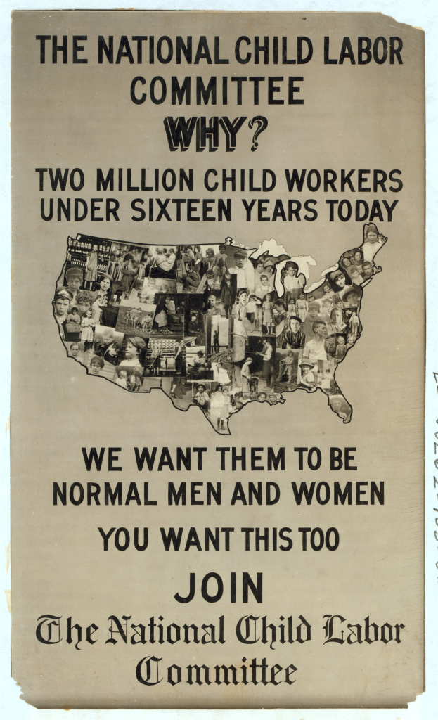 Ein Plakat mit einer Karte der Vereinigten Staaten und einem Text gegen Kinderarbeit, auf dem mehrere menschliche Gesichter zu sehen sind, die die National Child Labor Committee repräsentieren.