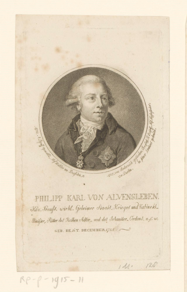 Porträt von Philipp Karl von Alvensleben, einem deutschen Staatsmann, der einen Anzug und eine Krawatte trägt und einen ernsten Gesichtsausdruck hat, mit dunklem Haar und verschränkten Händen, der abwesend in die Ferne schaut, mit Text auf dem Bild überlagert.