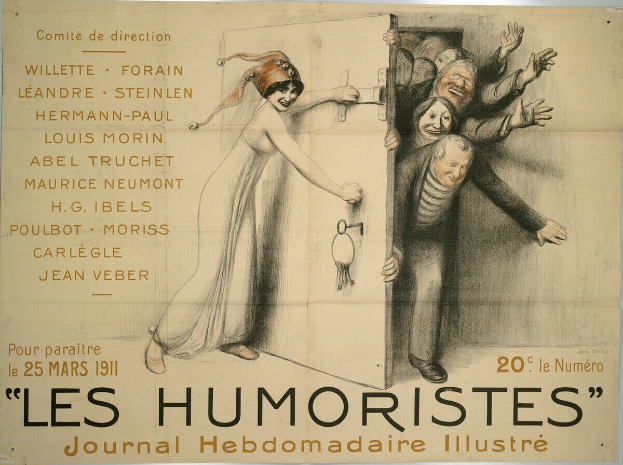 Ein buntes Plakat an einer Gebäudewand mit der Aufschrift "Les Humoristes Journal Hebdomadaire Illustré", das eine Gruppe lachender Menschen zeigt.