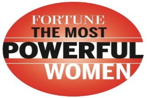 Plakat mit der Aufschrift "Zukunft die mächtigsten Frauen" in schwarzer fetter Schrift auf weißem Hintergrund, umrandet von einem schwarzen Rahmen, mit einer bunten Illustration einer Frau in einem gelben Kleid mit ausgebreiteten Armen und entschlossener Miene.