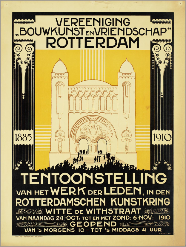 Plakat für ein Konzert in Rotterdam, das ein Gebäude mit Text zeigt