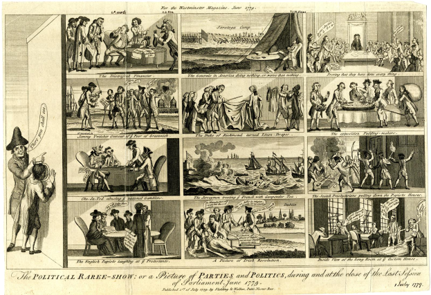 Eine Zeitung mit einer Collage aus Bildern und Texten, die politische Ereignisse und Figuren der letzten Parlamentssitzung zeigen, mit detaillierten Illustrationen von Menschen, Booten und anderen Gegenständen.