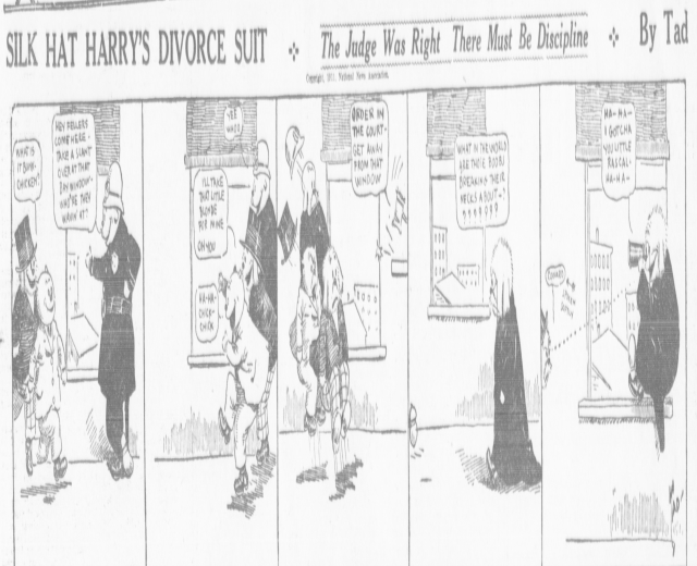 Cartoon-Illustration eines Mannes in einem schwarzen Anzug und einer Frau in einem eleganten Kleid mit einem schwarzen Schal, beide mit ernsten Gesichtern, beschriftet mit "Scheidungsklage."