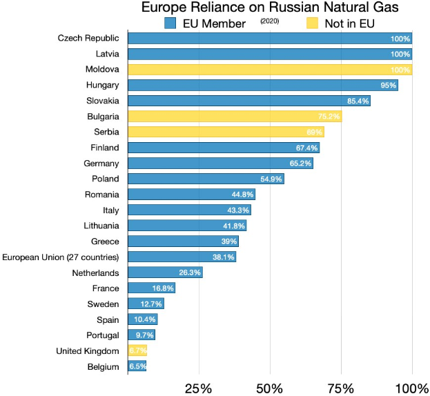 Eine Balkendiagramm, das den prozentualen Anteil von Russlands Naturgasimporten in Europa zeigt, mit Text, der die Investitionsprozente im Land angibt.