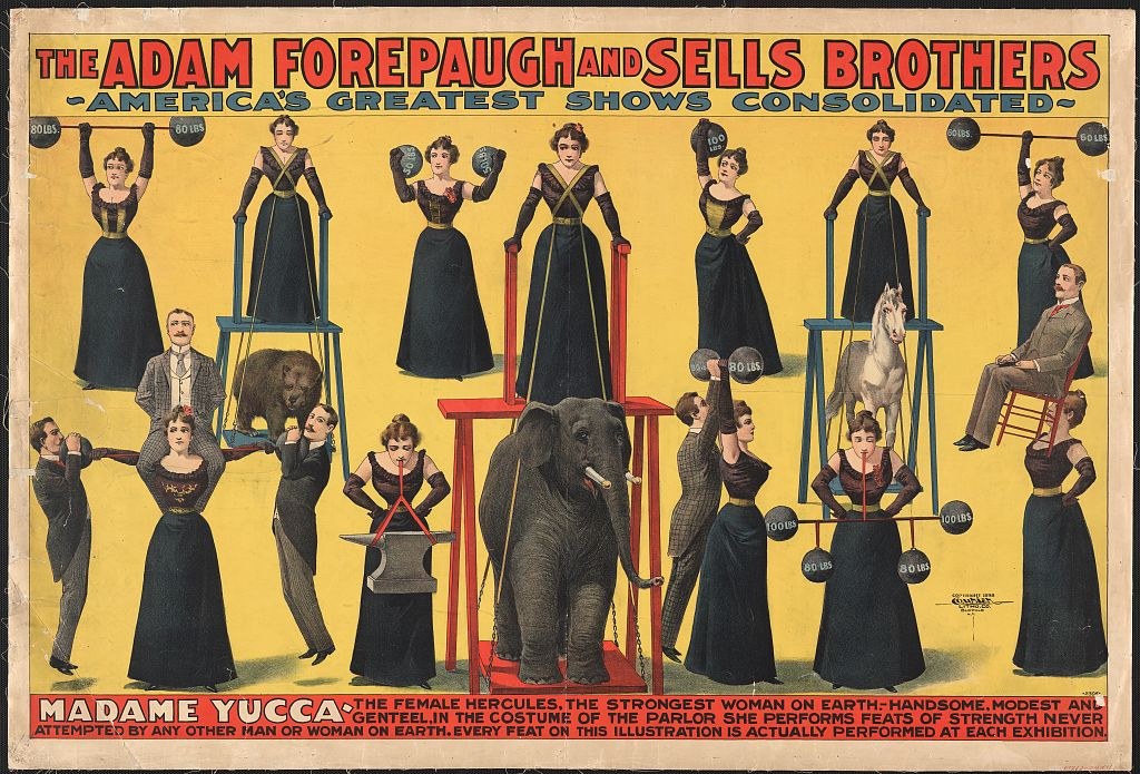 Plakat für die vereinigte Zirkusshow von Adam Forepaugh und Sells Brothers mit Performern auf Hockern um einen zentralen Elefanten, mit Text und Werbebildern.