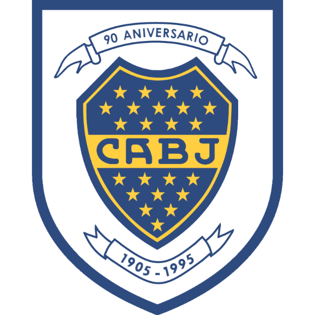 Ein blau-gelbes Wappen mit der Vereinsbezeichnung "Boca Juniors" in fetter weißer Schrift, einem gelben Stern in der Mitte und "Boca Junio" in kleinerer Schrift darunter, umgeben von einem weißen Rand.