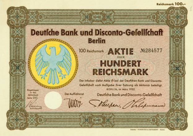 Alte deutsche Banknote mit einem Vogeldesign und dem Text "Deutsche Bank und Disconto-Gesellschaf Berlin".