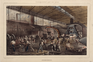 Eine Gruppe von Menschen, die in einer Fabrik arbeiten, einige halten Werkzeuge in der Hand, umgeben von Maschinen und verstreuten Gegenständen, mit Text unten.