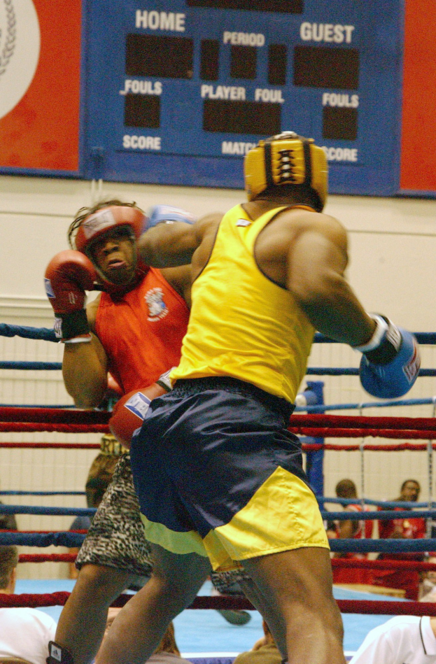Zwei Boxer, die in einem Boxring gegeneinander antreten, umgeben von einer Zuschauermenge, mit einer Wand im Hintergrund, auf der ein Display zu sehen ist.