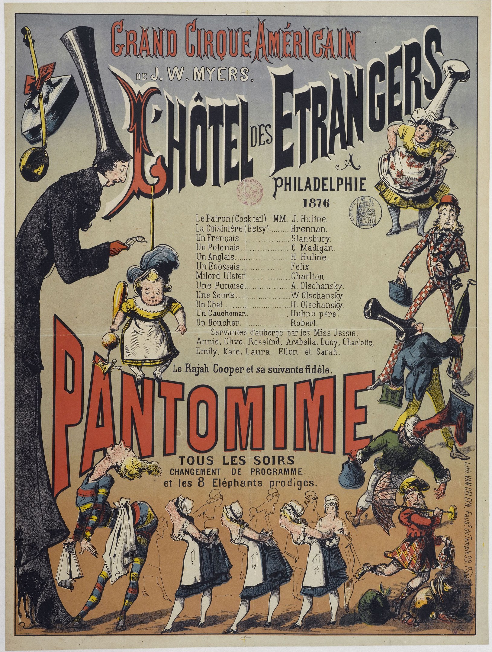 Altes Zirkusposter aus Philadelphia, das ein Pantomimen-Spiel mit farbenfrohen Künstlern in detailreichen Kostümen ankündigt.