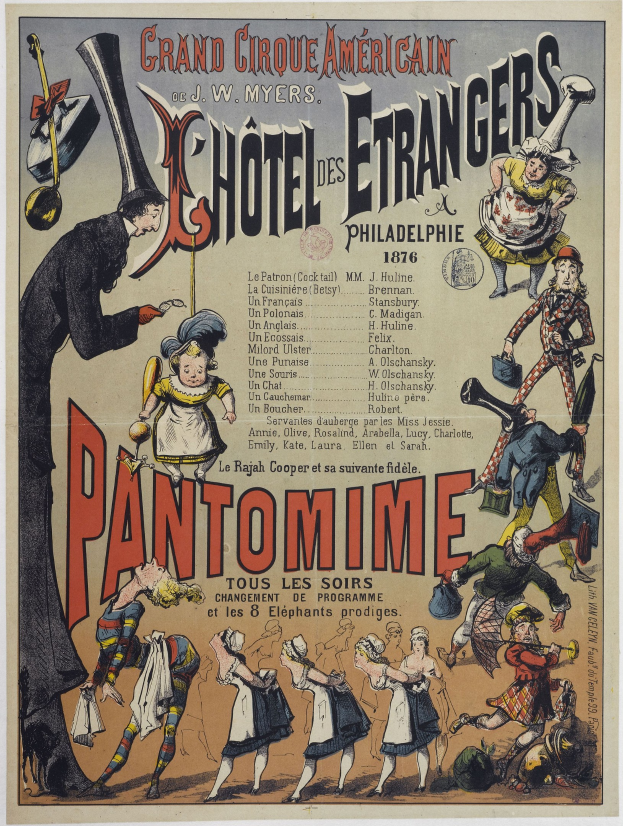 Altes Zirkusposter aus Philadelphia, das ein Pantomimen-Spiel mit farbenfrohen Künstlern in detailreichen Kostümen ankündigt.