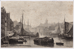 Eine Schwarz-Weiß-Zeichnung von Booten, die in einem Hafen liegen, mit Gebäuden auf der linken Seite und Text unten, der 'James Tissot - Den Haag' lautet.