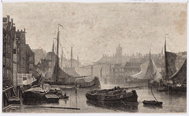 Eine Schwarz-Weiß-Zeichnung von Booten, die in einem Hafen liegen, mit Gebäuden auf der linken Seite und Text unten, der 'James Tissot - Den Haag' lautet.