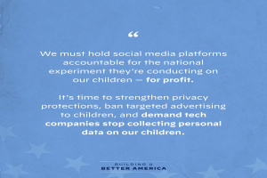 Plakat mit einem Zitat aus "Building a Better America", das die Verantwortung von sozialen Medienplattformen für den Schaden an Kindern für Gewinne fordert, verziert mit Sternen.
