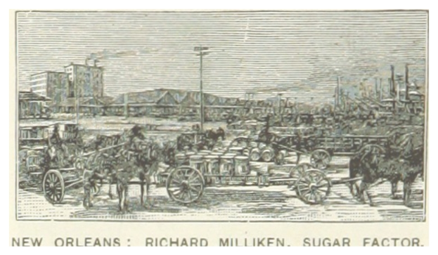 Ein Plakat, das eine Zuckerfabrik in New Orleans mit Pferdekarren zeigt, die mit Menschen, Gebäuden und Pfählen im Hintergrund gefüllt sind, mit dem Text "New Orleans Richard Milliken Sugar Factory" unten.