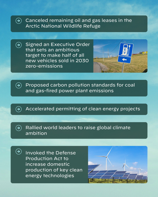Plakat mit dem Text "Abgesagt: Verbleibende Öl- und Gasförderlizenzen im Arctic National Wildlife Refuge" mit Bildern von Solarpanelen und Windrädern vor einem bewölkten Himmel.