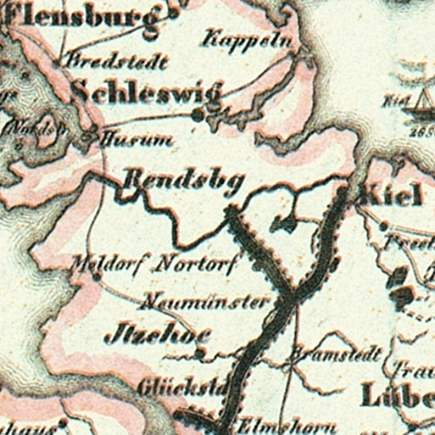 Ein detaillierter alter Stadtplan von Schleswig-Holstein, der Straßen, Gebäude und Sehenswürdigkeiten zeigt, mit Texten, die Informationen zur Bevölkerung, Straßen und Sehenswürdigkeiten liefern.
