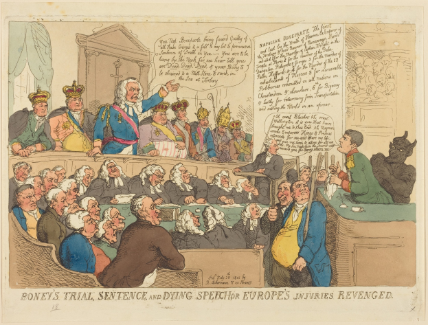 Cartoon-Illustration eines Gerichtssaals mit dem Titel "Boney's Trial, Sentence, and Dying Speech Europe's Injuries Revenged", die eine zentrale stehende Figur und sitzende Beobachter mit einem Tisch voller Gegenstände rechts zeigt.