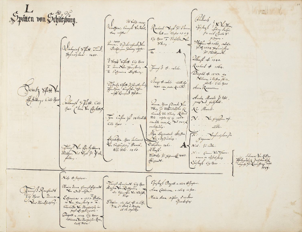 Ein altes Buch mit handschriftlicher genealogischer Tabelle, die den Familienstammbaum von Johann Wolfgang von Schleswig-Holstein zeigt, gefüllt mit Texten über die Familiengeschichte.