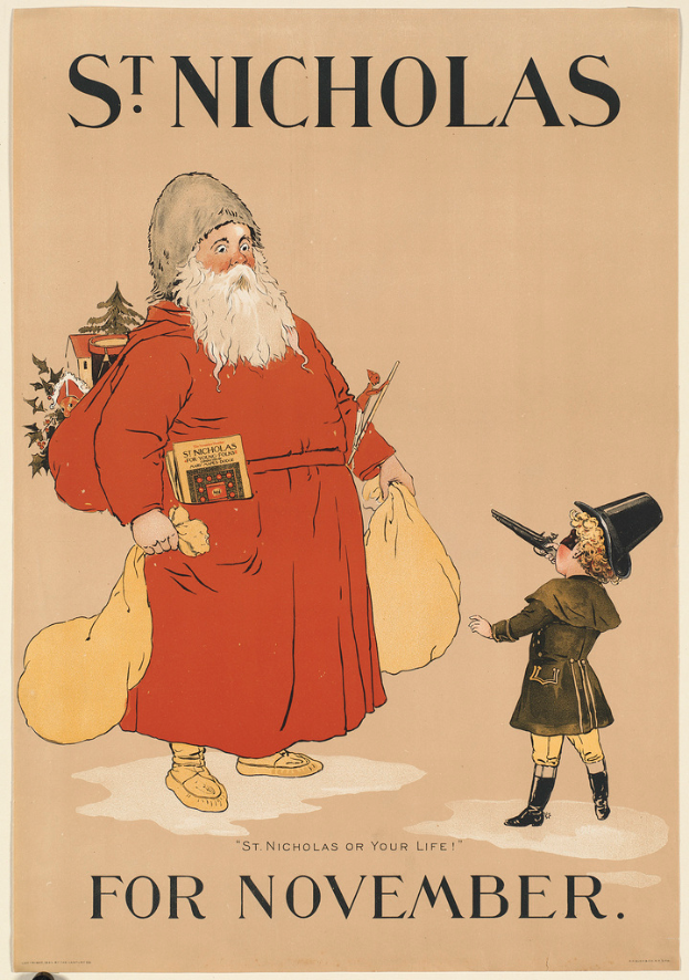 Ein Buchumschlag mit der Aufschrift "St. Nikolaus für November" mit Santa Claus und einem Kind darauf.