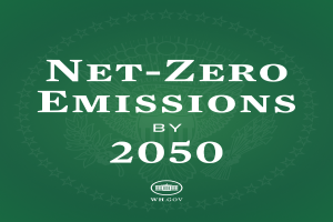 Ein grüner Hintergrund mit der fettgedruckten weißen Schrift "net-zero Emissionen bis 2050"