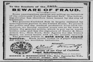 Ein Schwarz-Weiß-Plakat mit einer Warnung vor Betrug, das den Text 'Carlsbad Spruud Salt' und ein Firmenlogo zeigt.