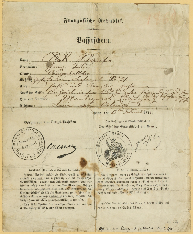 Alter deutscher Regierungsdokument mit einem kreisrunden, schwarz umrandeten Stempel auf vergilbtem Papier.