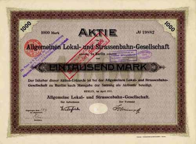 Altes deutsches Aktienzertifikat, ausgestellt von der deutschen Regierung, mit gedrucktem Text und numerischen Details.