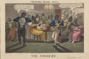 Eine Gruppe von Menschen, die in einem Raum mit einem Kronleuchter und einem Schrank im Hintergrund Musikinstrumente spielen, mit dem Text "Tregear's Black Jokes: The Concert" unten.