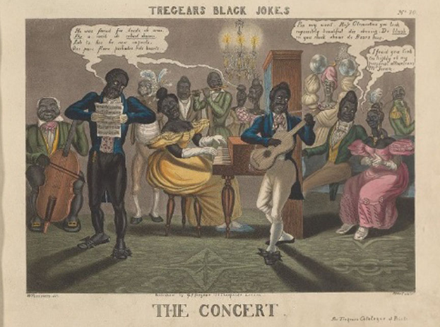 Eine Gruppe von Menschen, die in einem Raum mit einem Kronleuchter und einem Schrank im Hintergrund Musikinstrumente spielen, mit dem Text "Tregear's Black Jokes: The Concert" unten.