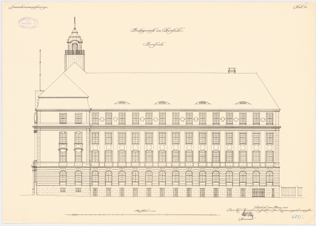 Eine Zeichnung des Hamburger Rathauses in Hamburg, Deutschland, mit einem Uhrenturm, sowie Textdetails auf dem Papier.